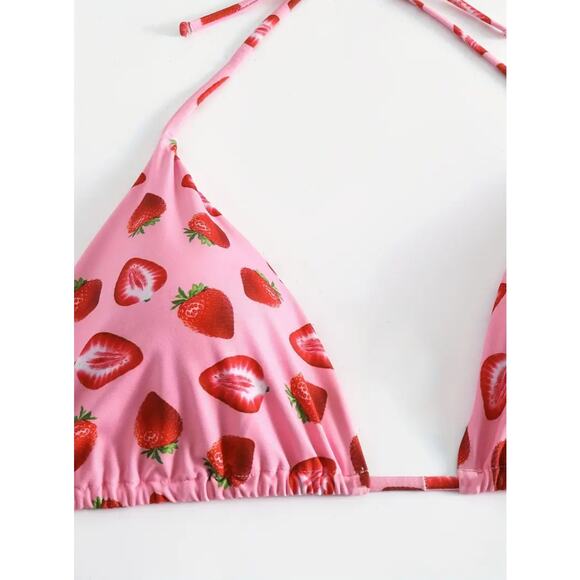 NEW Strawberry Print High Waist Triangle Top Bikini with Sarong Size 2XL C-G Cup - Picture 3 of 8